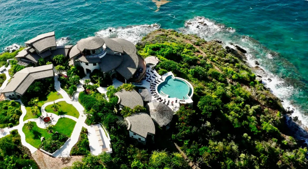 Aerial cove of The Aerial BVI at golden hour